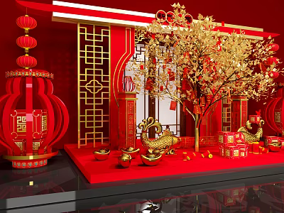 Traditional Chinese New Year Decorations With Red Lanterns Golden Tree Fu Characters And Gift Boxes 3d model