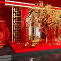 Traditional Chinese New Year Decorations With Red Lanterns Golden Tree Fu Characters And Gift Boxes