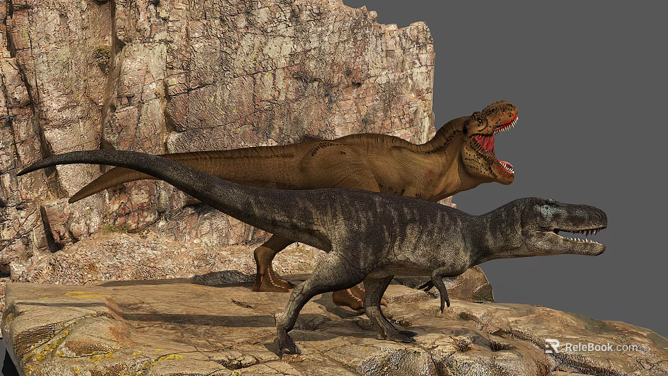 Two Large Reptiles Standing On Rocky Terrain With Open Mouths 3d model 