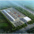 Industrial Factory With Surrounding Greenery Near Road And Vehicles Modern Layout Facilities