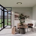 Bright Sunroom Interior With Glass Windows Roof Sofa Table Plants Green Lawn And Mountains