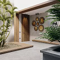 Modern Open Concept Living and Dining Room with Wooden Furniture Green Plants and Hanging Lights