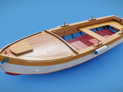 Wooden Boat Displaying Wooden Deck Red Seats White Hull And Fine Details 3d model