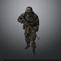 Soldier In Protective Suit With Gas Mask Holding Rifle Standing Pose