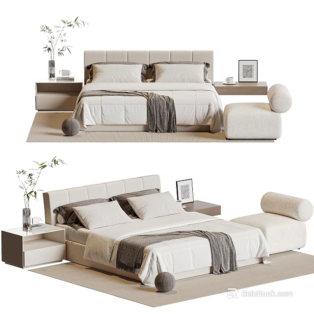Modern Double Bed Interior With Upholstered Headboard Nightstands Picture Frame And Throw Blanket 3d model 