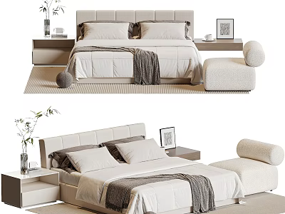 Modern Double Bed Interior With Upholstered Headboard Nightstands Picture Frame And Throw Blanket 3d model