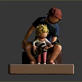 Game Movie Characters Adult Teaching Blonde Child to Play Guitar With Red Hat On Platform