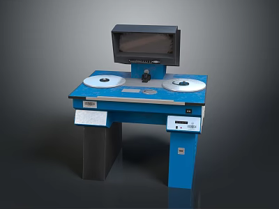 Blue Industrial Measurement Workbench With Two Circular Plates Monitor Display And Control Panel 3d model