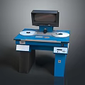 Blue Industrial Measurement Workbench With Two Circular Plates Monitor Display And Control Panel