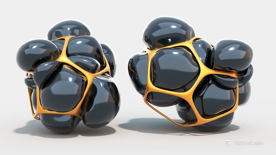 Modern Art Installation Featuring Black Spheres and Orange Mesh Structure Design 3d model 