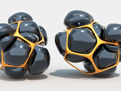 Modern Art Installation Featuring Black Spheres and Orange Mesh Structure Design 3d model
