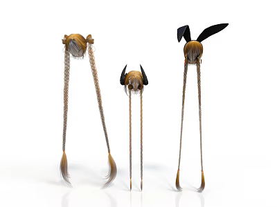Anime Inspired Decorative Fantasy Hairpieces with Long Braided Hair Horn and Wing Accessories 3d model