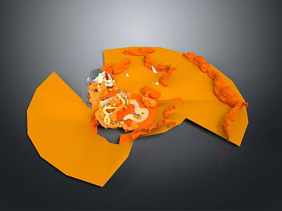 Orange Textured 3D Earth Model with Cut Section and White Details on Gray Background 3d model