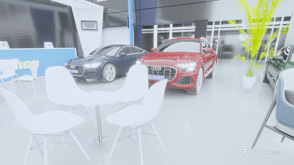 Luxury Car Showroom With Red And Blue Audi Vehicles White Tables Chairs And Indoor Plants 3d model 