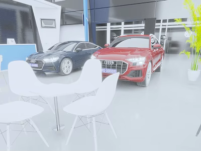 Luxury Car Showroom With Red And Blue Audi Vehicles White Tables Chairs And Indoor Plants 3d model