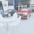 Luxury Car Showroom With Red And Blue Audi Vehicles White Tables Chairs And Indoor Plants