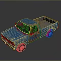 Worn Blue Pickup Truck with Rusty Body and Open Bed on Reflective Surface