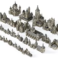 Medieval European City Architecture With Spires Towers Stone Rooftops And Arched Windows