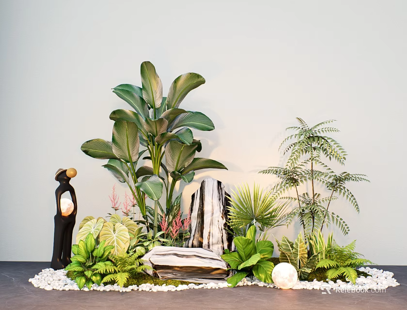 Tropical Courtyard Garden with Black Statue Green Foliage Decorative Stones White Pebbles and Spherical Ornament 3d model 