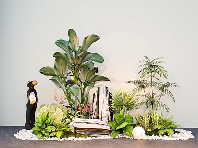 Tropical Courtyard Garden with Black Statue Green Foliage Decorative Stones White Pebbles and Spherical Ornament 3d model