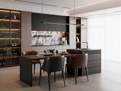 Modern Dining Room Interior With Marble Wall Hanging Lights Dark Table And Leather Chairs 3d model