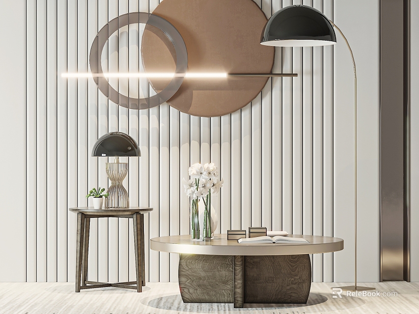 Modern Living Room Interior With Round Sleek Coffee Table And Flower Vase Floor Lamp 3d model 