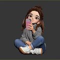 Woman With Bun Taking Selfie On Pink Phone In Gray Sweater Blue Jeans White Sneakers
