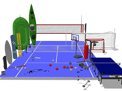 Sports Equipment Collection With Kayaks Volleyball Net Basketball Hoop Soccer Goal And Table Tennis Table 3d model