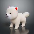 White Cartoon Puppy Toy Figure With Red Ears On Dark Surface With Reflection
