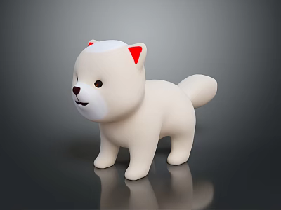 White Cartoon Puppy Toy Figure With Red Ears On Dark Surface With Reflection 3d model