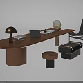 Modern Office Table and Chair Set With Copper Table Black Chair Lamp Laptop and Globe