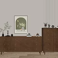 Wooden TV Stand with Multiple Drawers Decorative Flower Painting Potted Plant and Small Decor Items