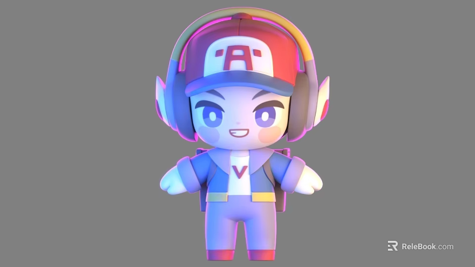 Cute Cartoon 3D Doll With Red White Hat Letter A Headphones And Blue Outfit 3d model 