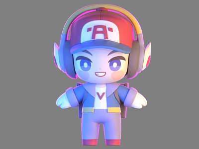 Cute Cartoon 3D Doll With Red White Hat Letter A Headphones And Blue Outfit 3d model