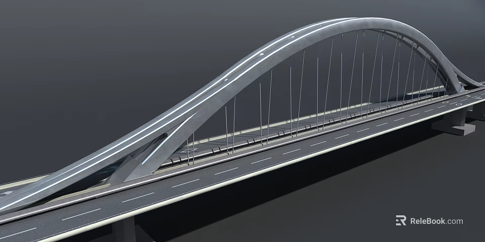 Elegant Modern Arch Bridge Design with Cable Supports and Roadway Lanes 3d model 