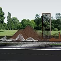 Modern Landscape Wall With Wooden Structure Wavy Decorations Circular Cutout Greenery Water Feature At Night