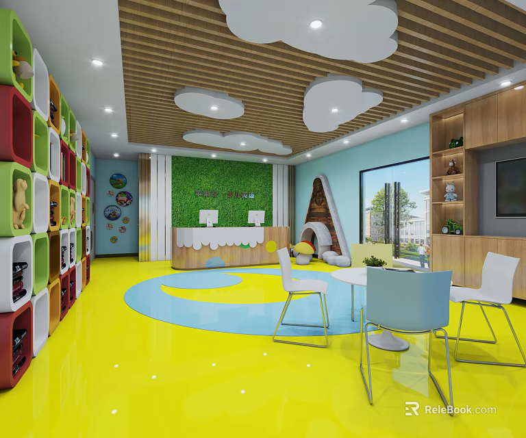 Colorful Kindergarten Interior With Yellow Floor Green Wall And Cloud Ceiling Decorations 3d model 