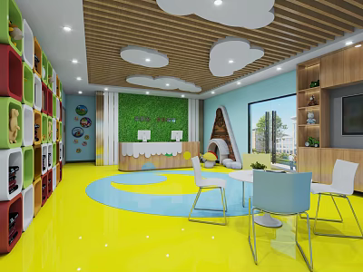 Colorful Kindergarten Interior With Yellow Floor Green Wall And Cloud Ceiling Decorations 3d model