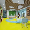 Colorful Kindergarten Interior With Yellow Floor Green Wall And Cloud Ceiling Decorations
