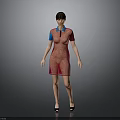 Woman In Red Dress With Blue Collar And Black Sleeves Standing On Gray Background
