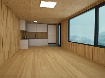 Wooden House Interior With Wooden Walls Flooring White Cabinets And Large Windows 3d model