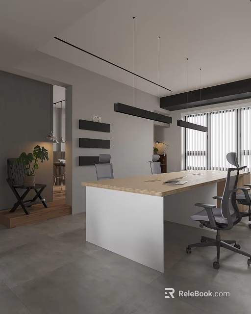 Modern Public Office Space With Wooden Desk Gray Office Chairs Hanging Lights And Window Blinds 3d model 