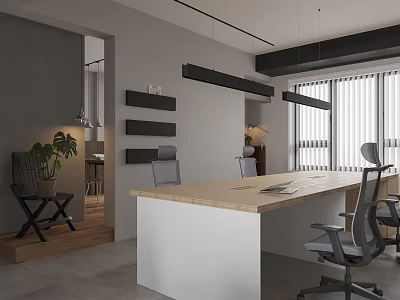 Modern Public Office Space With Wooden Desk Gray Office Chairs Hanging Lights And Window Blinds 3d model