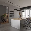 Modern Public Office Space With Wooden Desk Gray Office Chairs Hanging Lights And Window Blinds