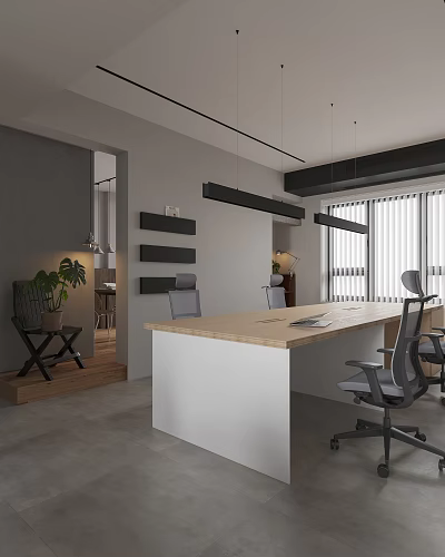 Modern Public Office Space With Wooden Desk Gray Office Chairs Hanging Lights And Window Blinds 3d model