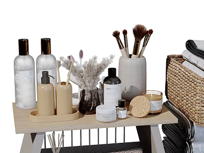 Stylish Bathroom Accessories With Bath Products Makeup Brushes Dried Flowers And Wicker Basket 3d model
