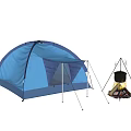 Blue Camping Tent With Campfire Cooking Pot And Outdoor Camping Gear Setup