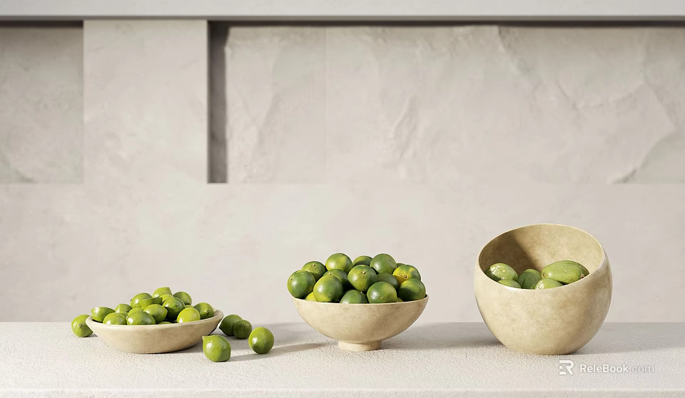Ceramic Bowls With Green Fruits Arranged On Light Colored Background Countertop 3d model 