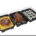 Assorted Takeout Food in Plastic Containers with Pasta Roasted Chicken and Sushi Rolls
