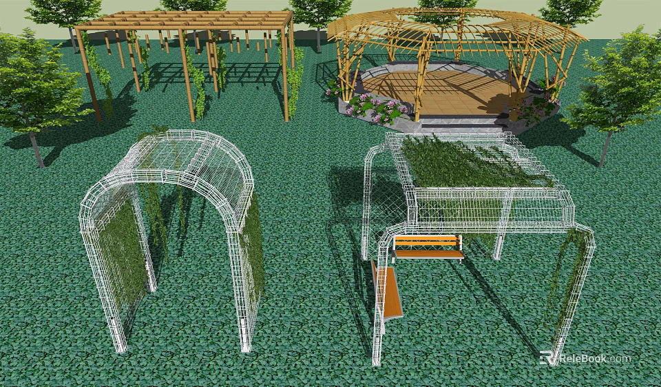 Various Pergola Designs With Wooden Metal Structures Greenery And Garden Seating 3d model 